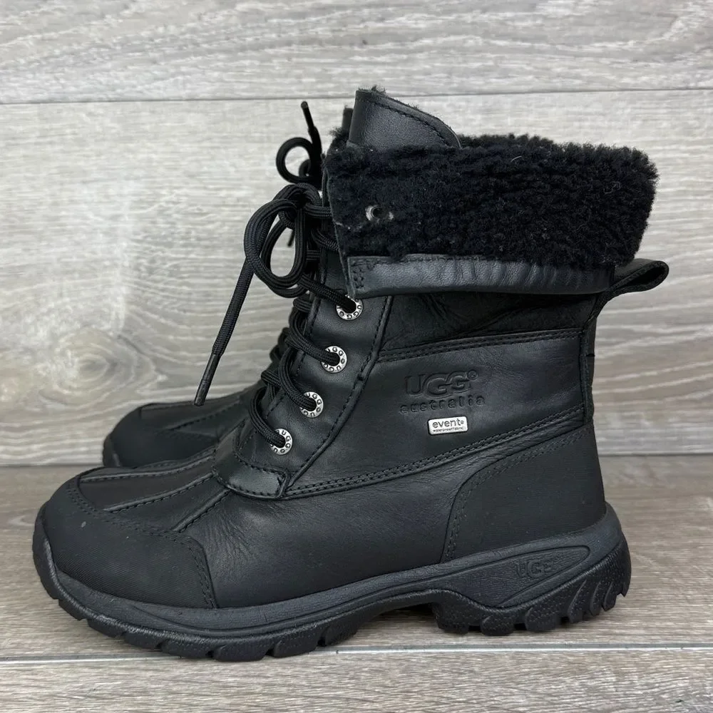 Ugg Butte Little Kid Sz 3 Black Suede Warm Waterproof Shearling Vibram Snow Boot